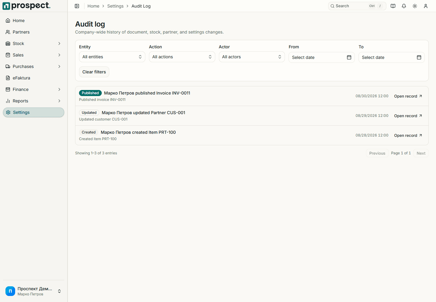 Populated activity log with actor, action, entity, date, and source record