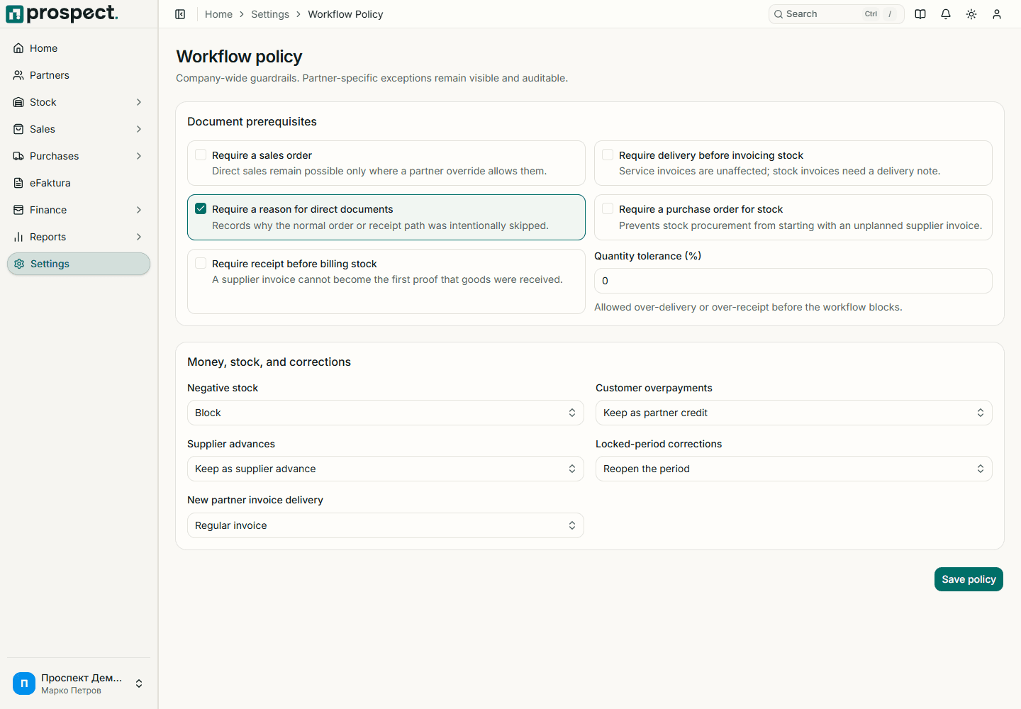 Workflow-policy settings for document prerequisites, quantity tolerance, stock, payments, periods, and delivery