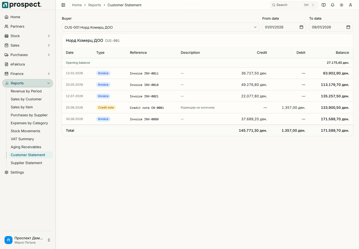 Populated customer statement with dated debit, credit, allocation, and running-balance rows