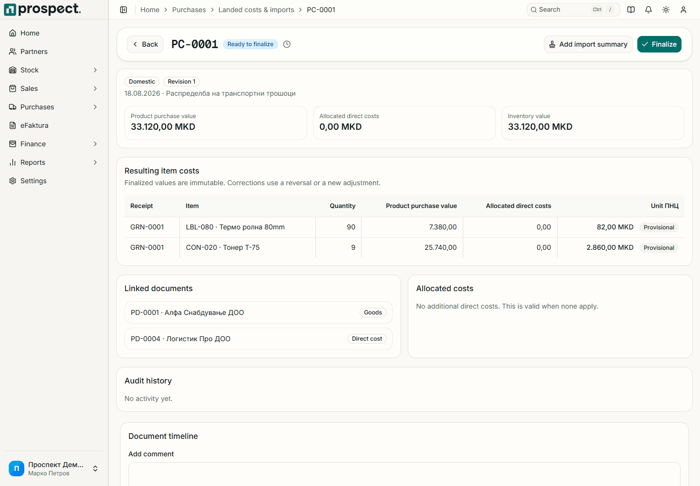 Purchase-costing workspace with cost components, allocation method, receipt lines, and review totals