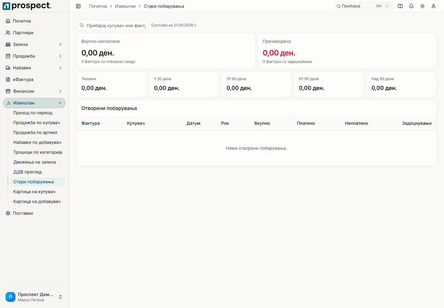 Извештај со тековни, 30, 60, 90, постари и вкупни побарувања